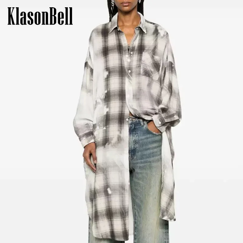 8.27 KlasonBell Women's Personality Chic Distressed Spray Plaid Print Long Shirt 2024 Aurumn New Pocket Lapel Loose Blouse