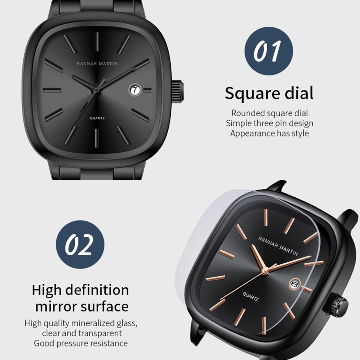 Japanese Movement Square Fashion Stainless Steel Strap Original Business Style Silver Black Waterproof 3Bar Quartz Watch for Men