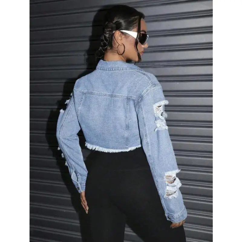 Waed Denim ort Jean Jaet with Frayed Hemline for Women Fce Lined Faionable Outerwear Ideal for Winter Seasons