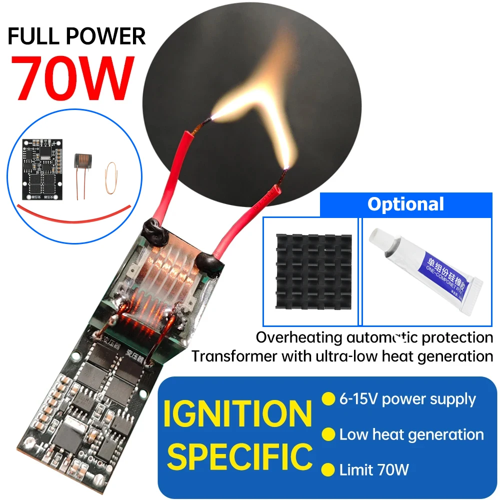 Módulo de encendido de arco de alto voltaje de 70W DC 6-15V a AC 10kV-25kV transformador encendedor Boost Spark Arc módulo de bobina de encendido Kits de bricolaje