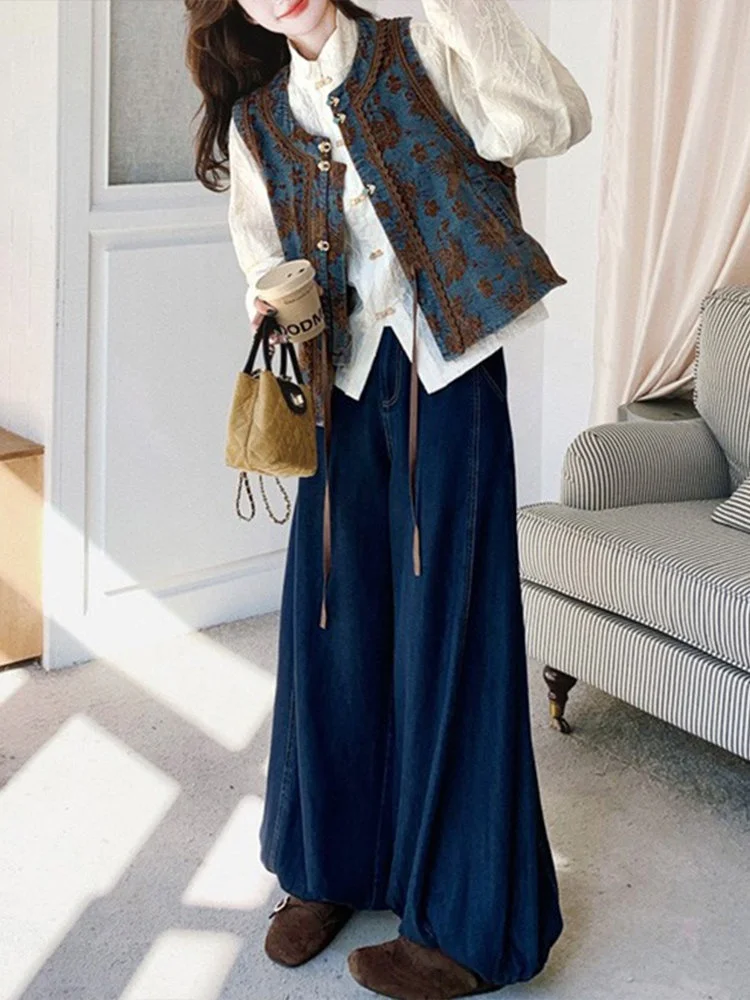 

Fashionable Commute Style Women's Three-Piece Set Spring Autumn New Arrival High Waist Wide Leg Pants Vest Shirt Ensemble