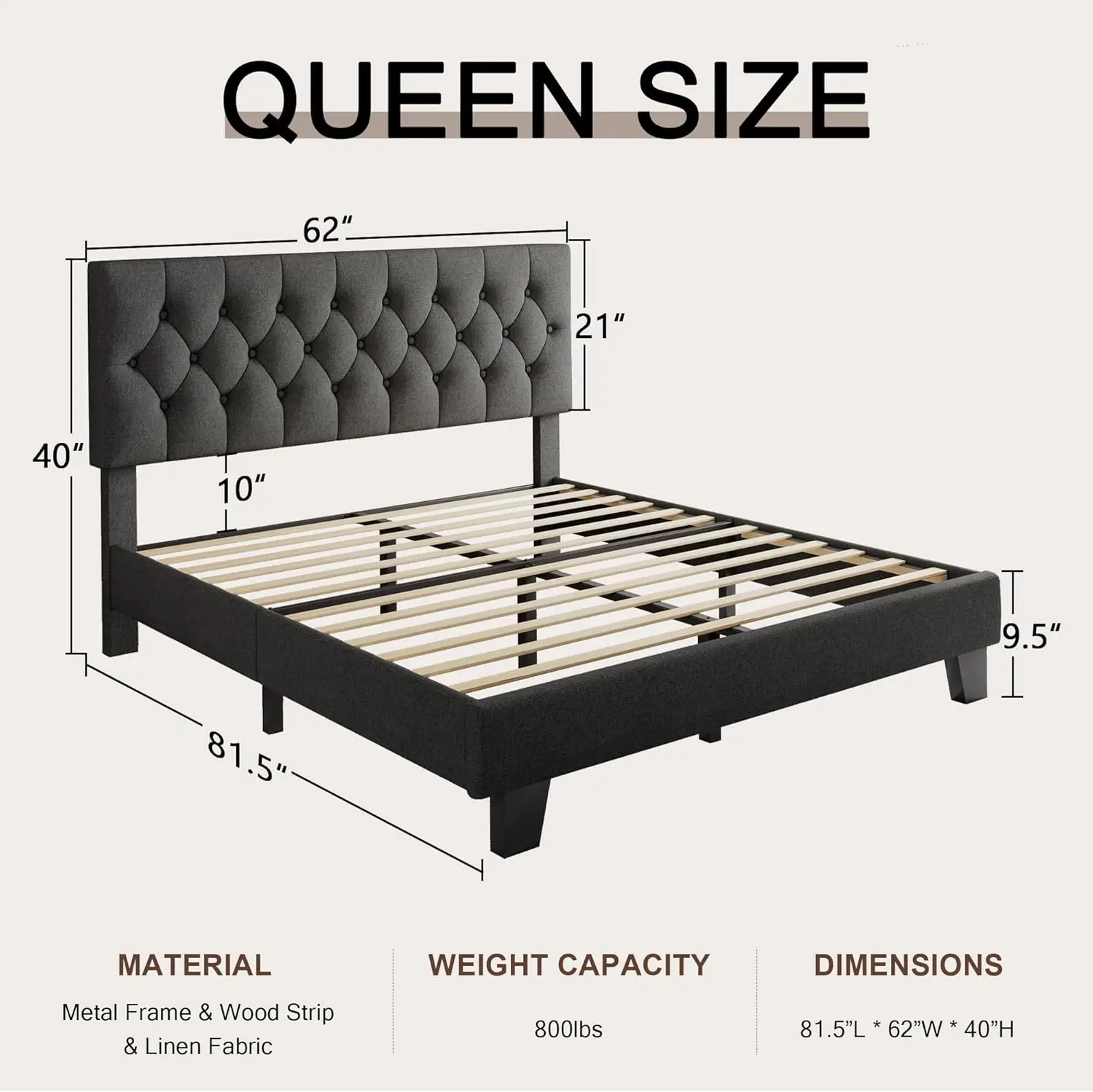 Upholstered Bed Frame with Headboard, Button Tufted Linen Bed Base, Platform Bed with Wood Slat Support, Noise Free, Heavy Duty,