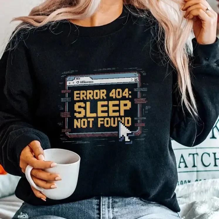 

Sweatshirt Long Sleeves Stylish Pullover Y2K Graphic Hoodies Crew Neck Unisex Casual Daily Wear Error 404 Sleep Not Found