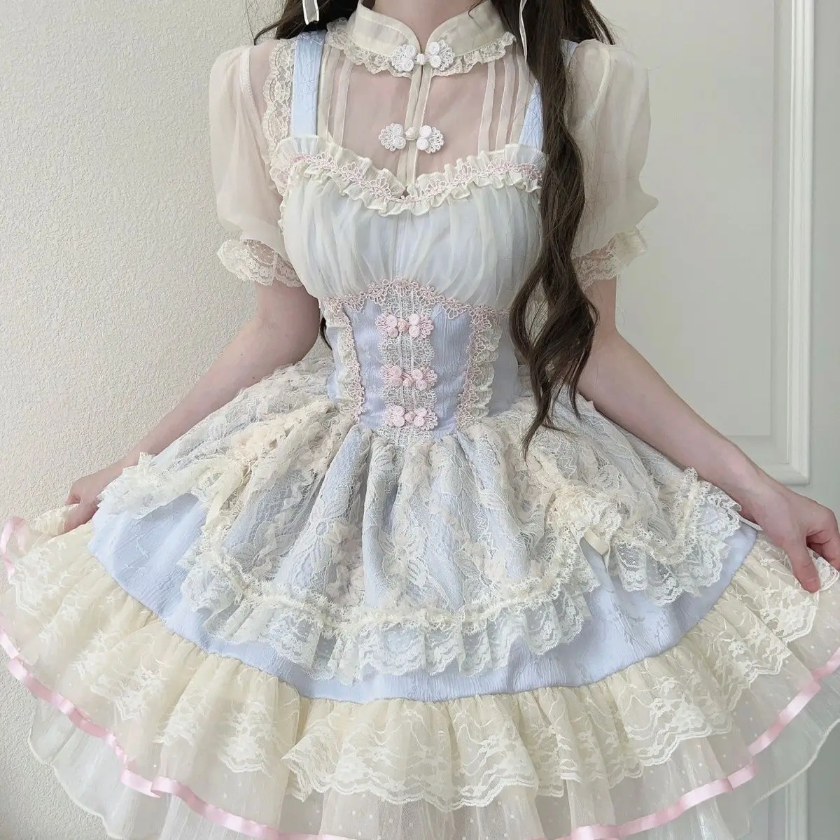 

Korean Style Sweet Lolita Dress Light Blue Ivory Lace Layered Skirt Stand Collar Frog Button Embroidery Elegant Princess Outfit