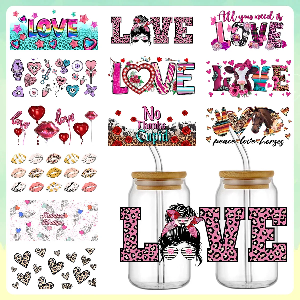 UV DTF Transfer Crystal Sticker Waterproof Non-marking Cute Cartoon Decorative Sticker for Thermal Cups and Mugs Valentine's Day