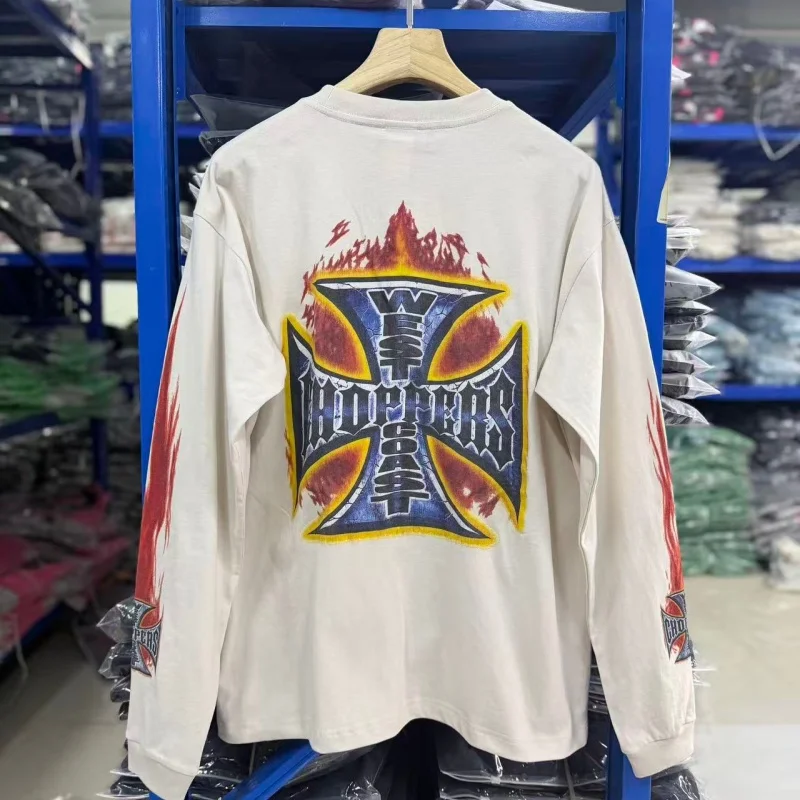Y2K Premium Oversized Long Sleeve T‑Shirt Retro Cross Flame Print Vintage Street Top