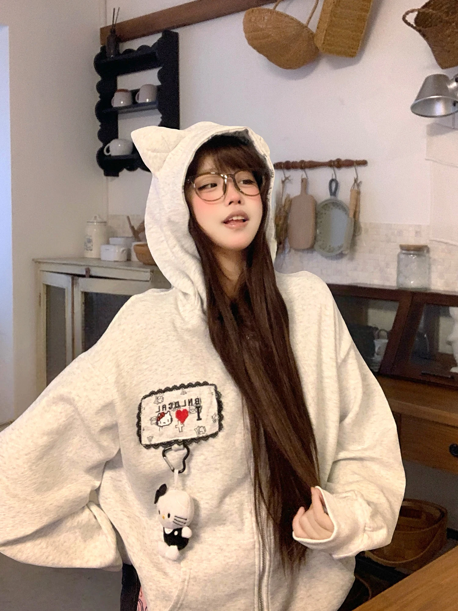 

TUDOU Sweet Cool Early Spring Hoodie Jaet Women's Loose Lazy Sle Design Sense Small Cro Cotton Polyester Zipper Sve