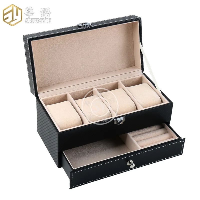 صندوق تخزين ساعة هدية من جلد البولي يوريثان الفاخر للاستخدام المنزلي باللون الأسود مع جزء داخلي مخملي للساعات والخواتم والأقراط والسوار المزيد