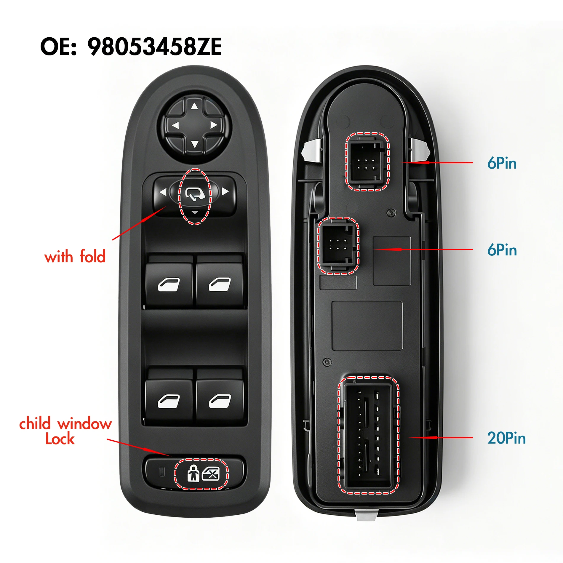 98053458ZE Für Peugeot 308 408 508, elektrischer Fensterheber-Hauptschalter auf der Fahrerseite, Steuerknopf für die Fensterheberverstellung – Detail 3