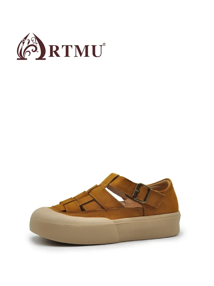 Artmu Original Square Toe Shoes For Women Weave Roma Shoes Buckle Platform Closed Toe Sandals Genuine Leather Luxury Shoes