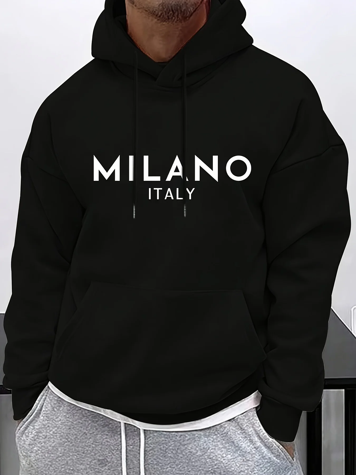 هوديي رجالي - أسود مع حروف بيضاء - سترة صوفية فضفاضة للإعدادات اليومية والرسمية - سترة كاجوال لغسل الغسالة #1