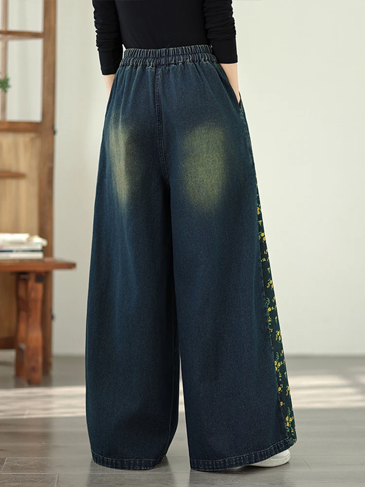 NYFS Vintage Fashion Print plus maat losse damesjeans elastische taille wijde pijpen broek herfst denim broek