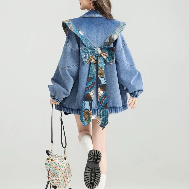 

Vintage Women Cartoon Denim Jacket Long Sleeve Jeans Jacket Bow Blue High Quality Coat Streetwear New Print Patchwork Outerwear