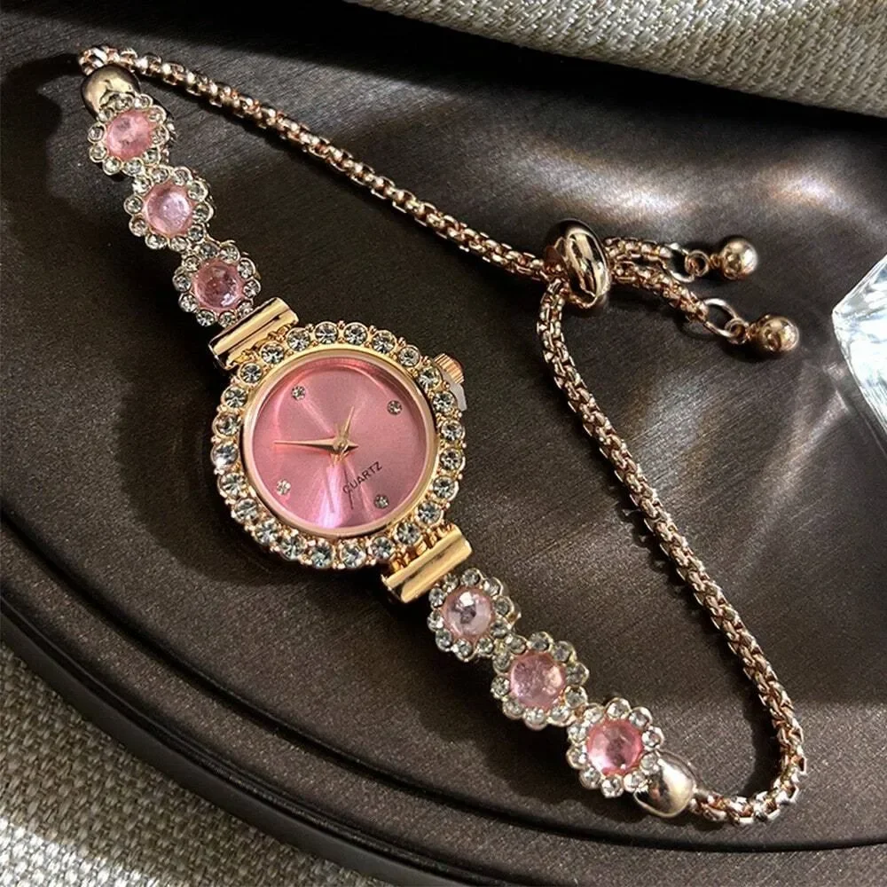 2026Women Rose Gold Pink Dial Flower Rhinestone Pull Chain Bracelet Quartz Watch