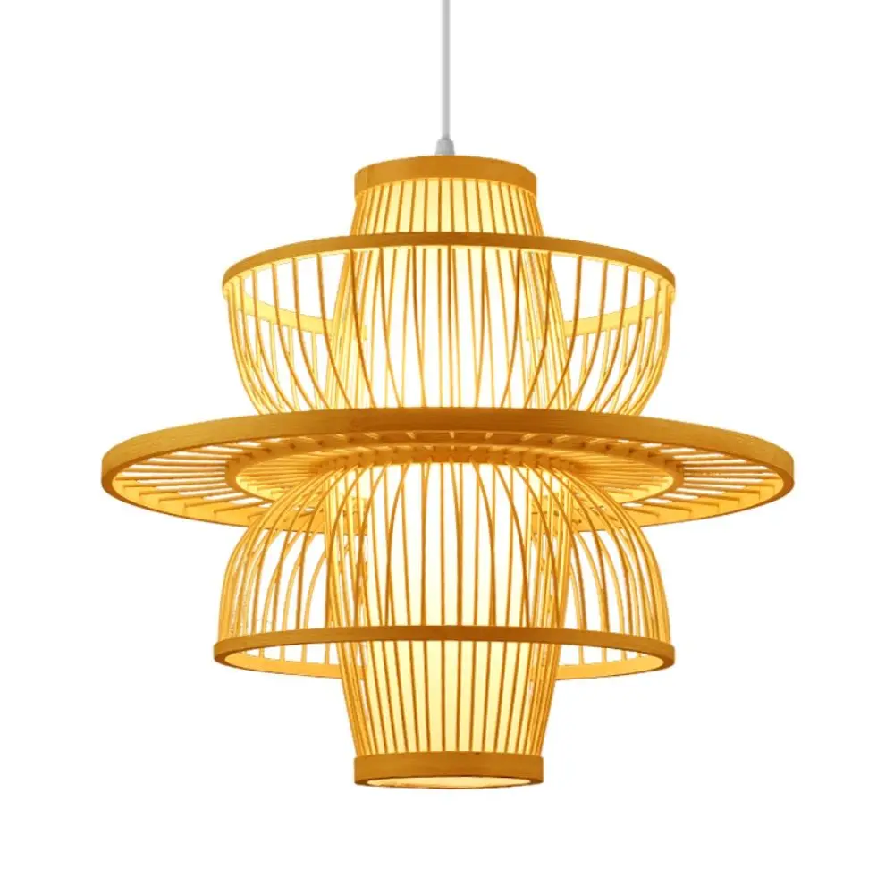 Japanese Style Hand Knitted Bamboo Pendant Lamp Braided Woven Wicker Chandelier Wooden Rustic Ceiling Light Bedroom