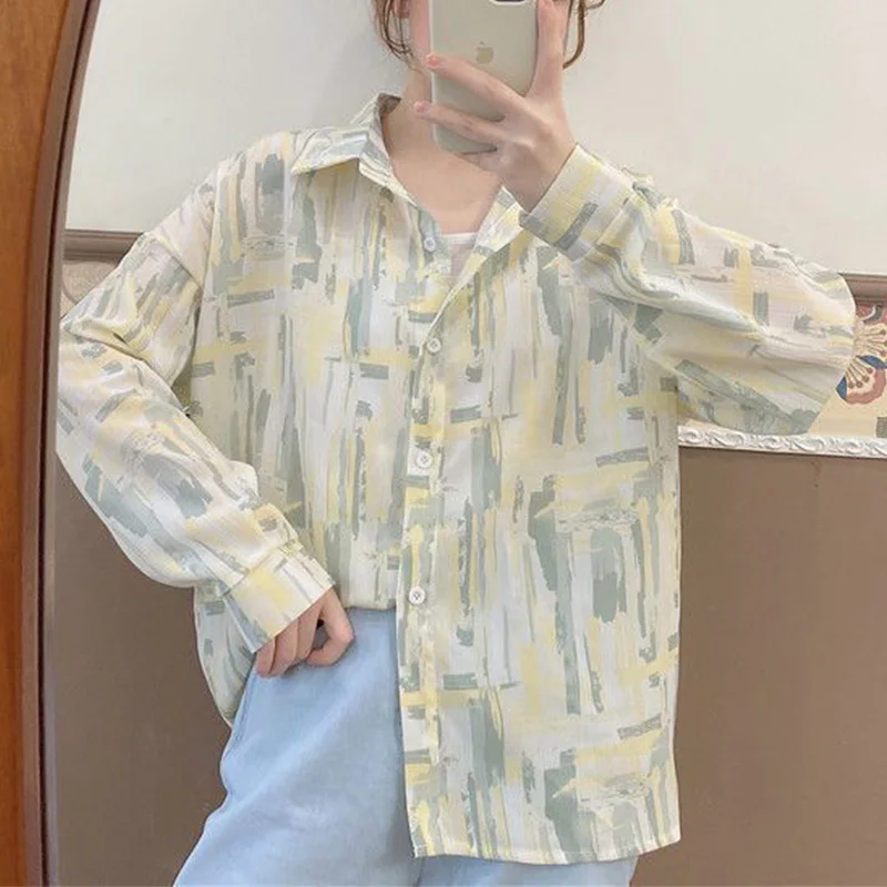 

Harajuku Print Chiffon Shirt Spring Summer Fashion Blouse 2023 Long Sleeve Turn Down Collar Elegant Casual Shirt for Female