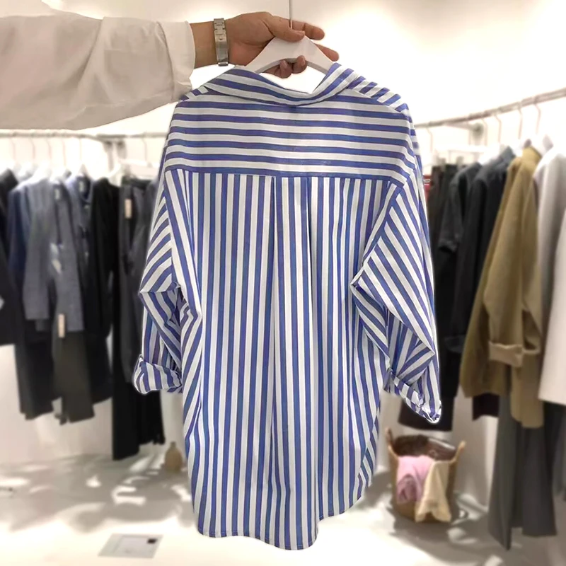 2024 Autumn New Korean Style Loose Casual Free Size Small Fresh Vertical Blue Striped Long-Sleeved Shirt Ladies With Coat Blouse