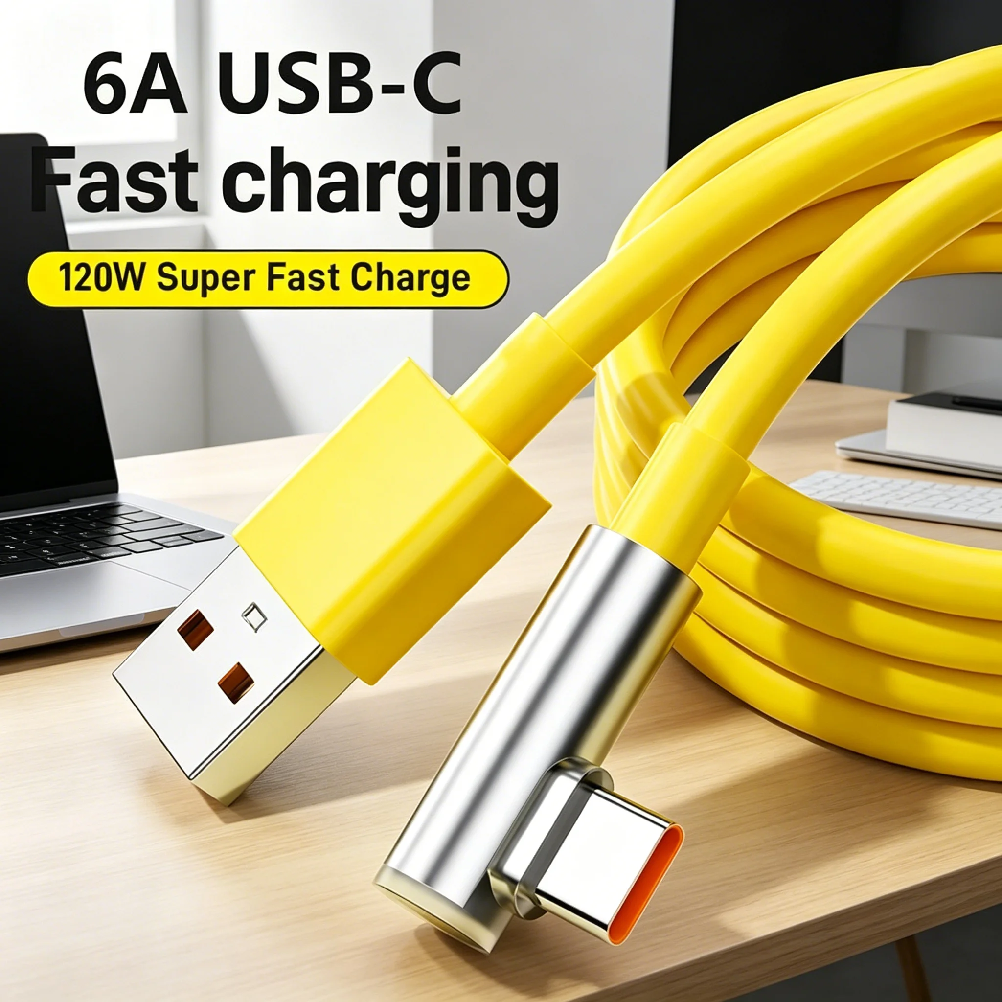 120W 6A 90 °   Cabo Tipo C em Ângulo Reto, Cabo de Dados Super Rápido, Cabo Durável para Carregamento para Xiaomi 14 Ultra, Poco Redmi