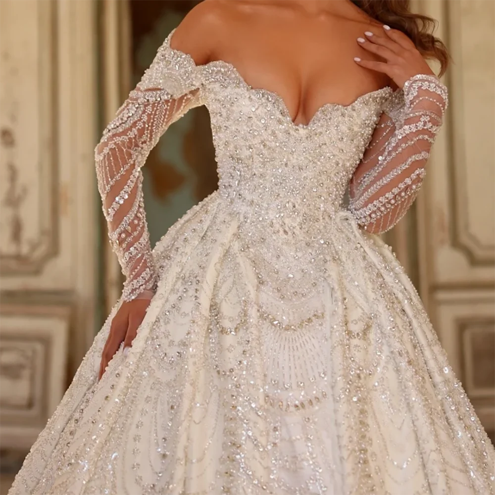 Vestidos de novia clásicos con hombros descubiertos, manga completa, corte en A, vestidos de novia personalizados