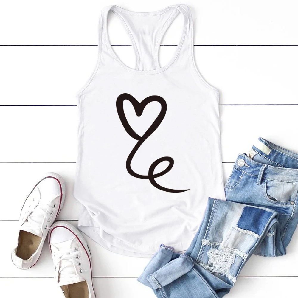 Crew Neck Graphic Tank Tops Women Loose Female Camiseta Tirantes Mujer Heart Print  Top  Sleeveless Summer Vest