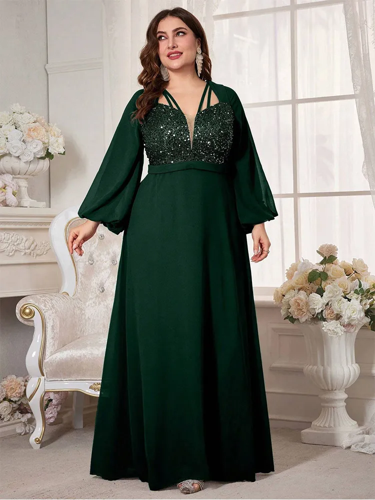 Plus Size V-Neck Sequined Chiffon Loose Floor-Length Evening Gown Big Size Luxury Sparkling 4xl 5xl Evening Gown Women