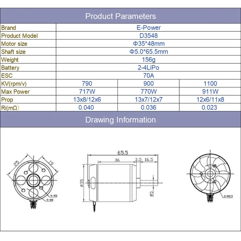 Motor sin escobillas EP 3548 D3548 790KV 900KV 1100KV 3-5S Lipo FPV de gran empuje y poco ruido para helicópteros RC, piezas de drones cuadricóptero