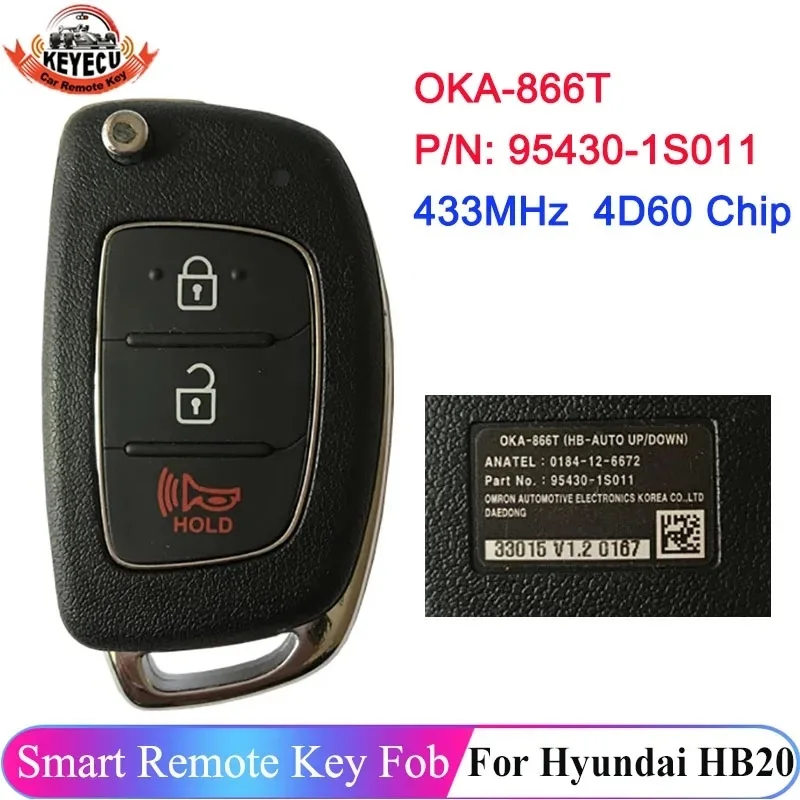 

KEYECU 3 кнопки OEM FCC ID: OKA-866T для Hyundai HB20 P/N: 95430-1S011 95430-1S001 Умный пульт дистанционного управления 433 МГц 4D60 Чип Flip Key