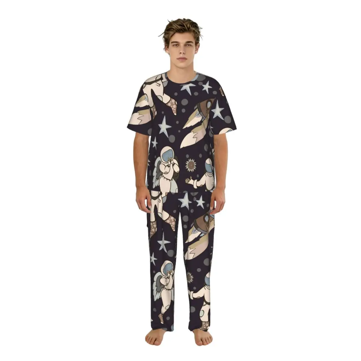 Men Pajamas Set Space Planet Star Rocket Fox Short Sleeve Spring Summer Lounge Sleepwear Male Nightwear