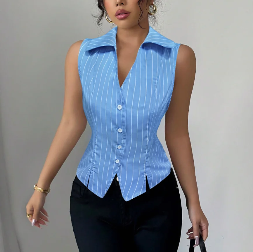 Nueva moda 2025 camisetas elegantes sexis camisa sin mangas a rayas camisa ajustada cárdigan Top