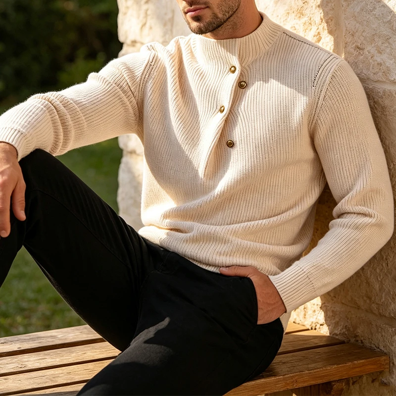 Vintage Men Knitted Sweater Solid Color Stand Collar Button Design Long Sleeve Casual Pullover Autumn Winter Tops For Male
