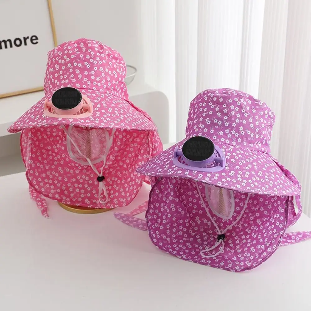 Anti-UV Solar Fan Cap USB Charging 300MA Current Cooling Fan Hat Long Sun Shield Floral Design Sun Cap Outdoor Activities