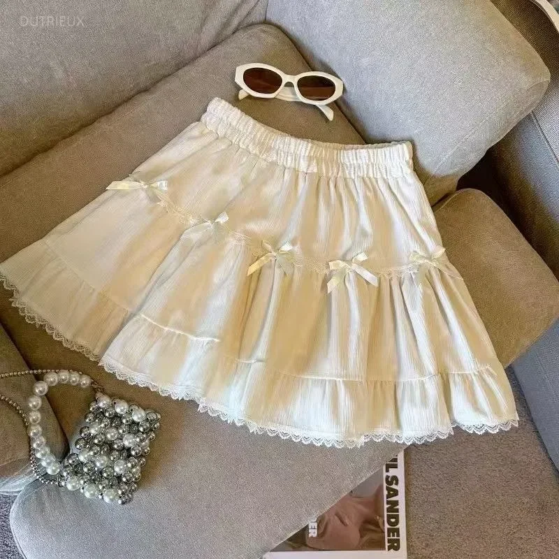 Y2k Bow Patchwork White Ruched Cake Skirt For Women Summer High Waist Skirts 2026 New Lace Patchwork Falda Sexy Mujer
