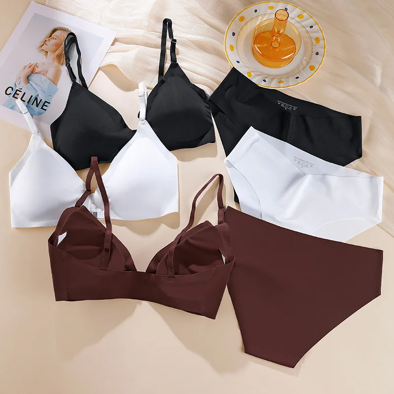 Ice Silk Underwear Set Solid Color Seamless Bra Wireless Front Buckle Push Up Bra Comfortable Panties Sexy Underwear Set