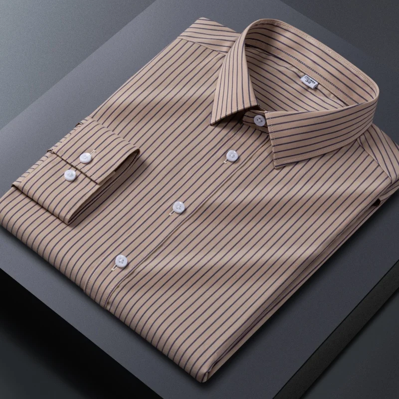 Bamboo fiber Classic Striped Plaid Shirt Men Long Sleeve Shirt White Easy-care Casual Business Formal Long Sleeve Shirt for Men