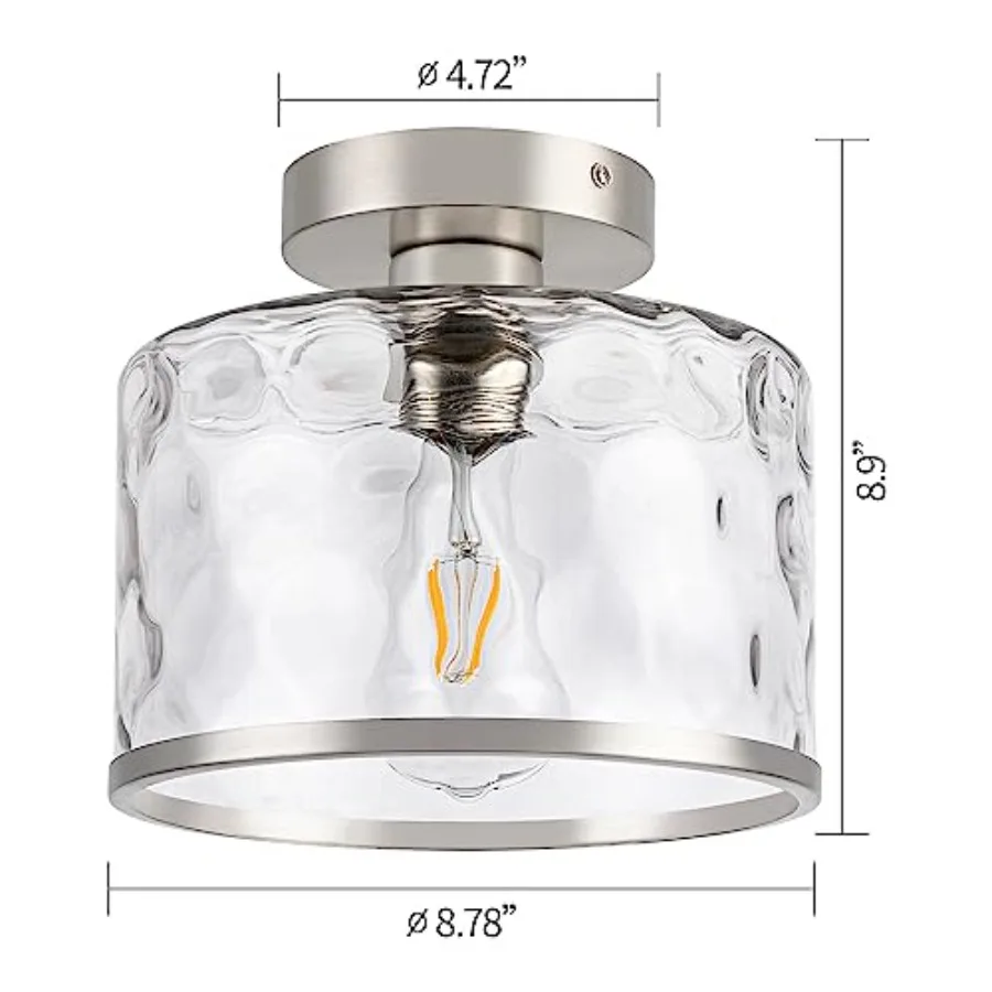 Modern Semi Flush Mount Ceiling Light with Industrial Clear Hammered Glass Lampshade, Farmhouse Ceiling Lights fixtures in Sati
