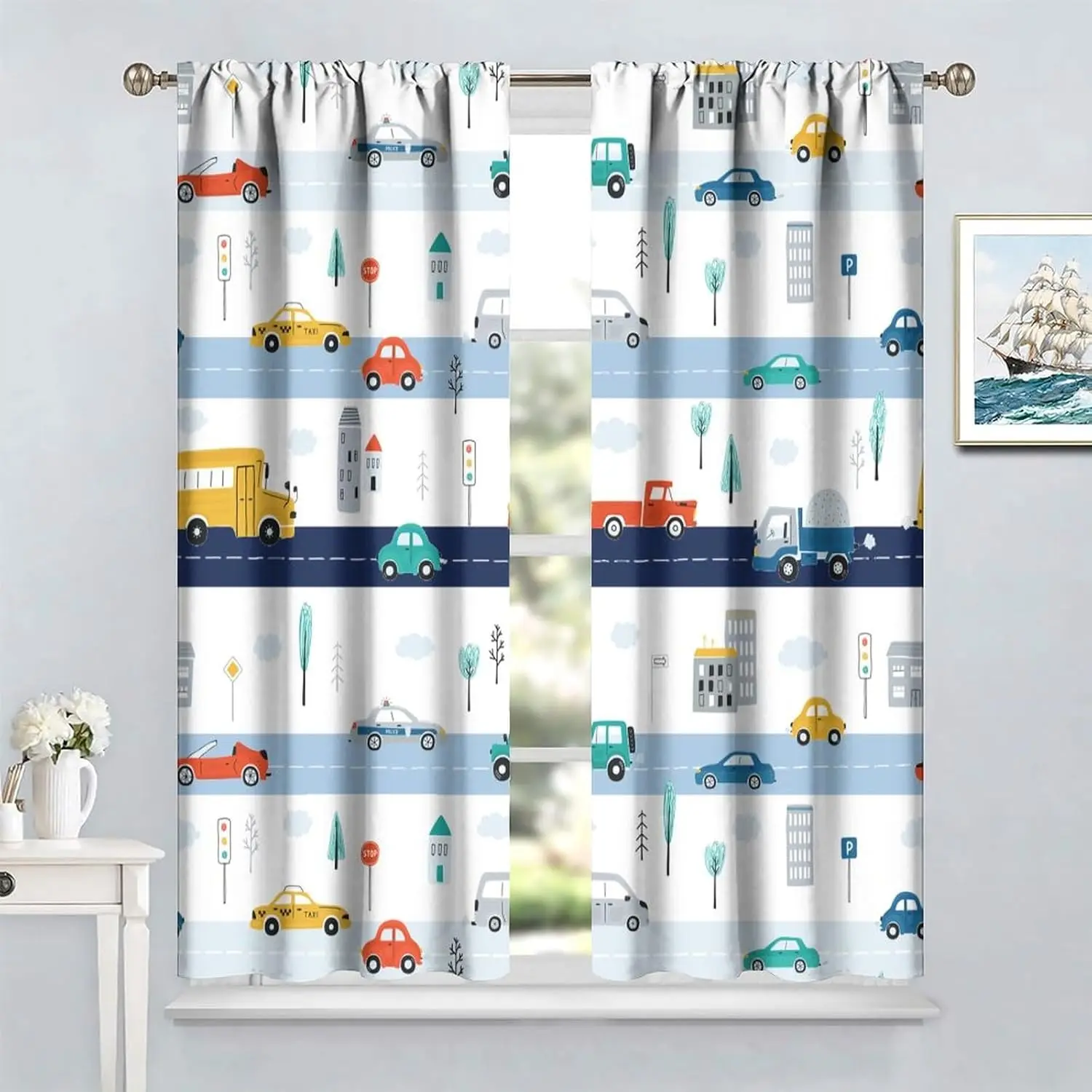 Kids Road Construction Window Curtains, Multicolor Set Cars Bus Truck Taxi Cute Traffic Transportation Window Treatments Drapes