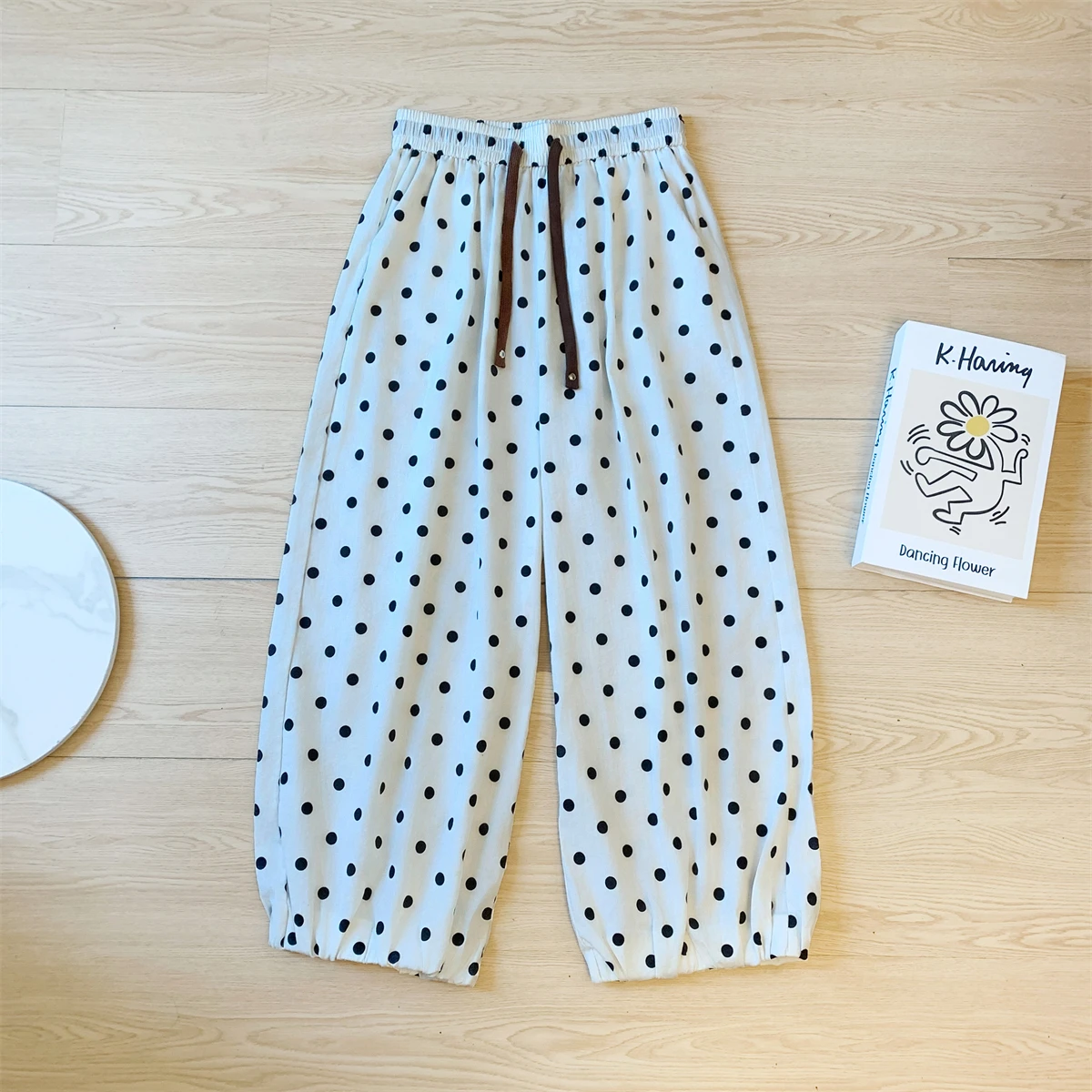 

Polka Dot Ice Silk Cotton Linen Loose Slimming Wide Leg Nine Point Harlan Balloon Pants Women Summer Thin High Waist Casual T...
