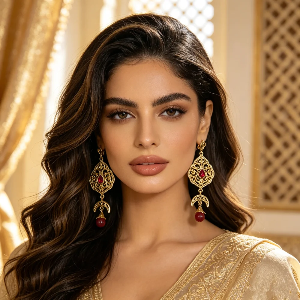 Middle Eastern Bridal Drop Earrings Vintage Hollow Filigree Teardrop Stone For Bride Evening Party