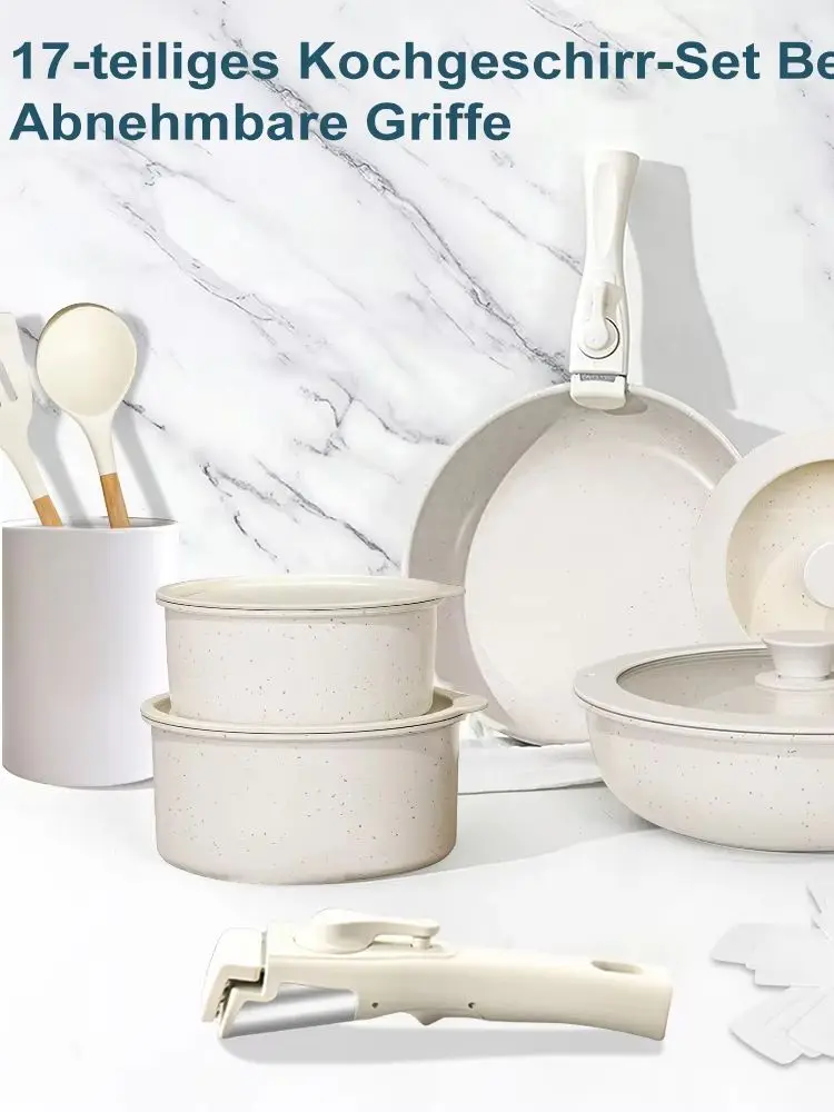 DFITO 5-delige/17-delige antiaanbak kookset beige, pannenset met afneembare handgrepen, ruimtebesparende stapelbare kookset, ovenbestendig - afbeelding 2