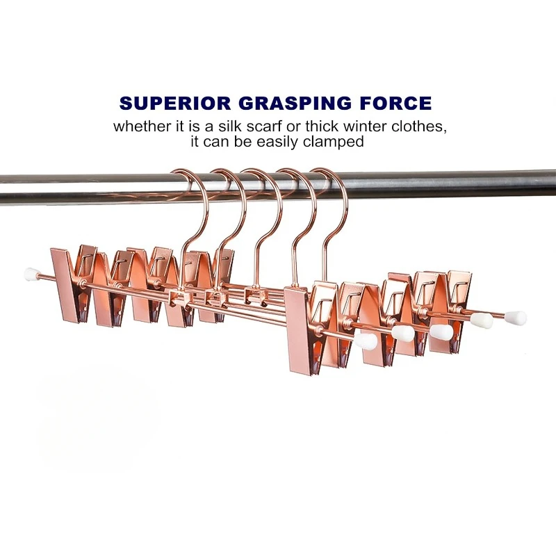 

Premium Rose Copper Gold Metal Pants Skirts Hangers Sturdy for Slacks Trousers with 2 Adjustable Non Slip Clips and Swivel Hook