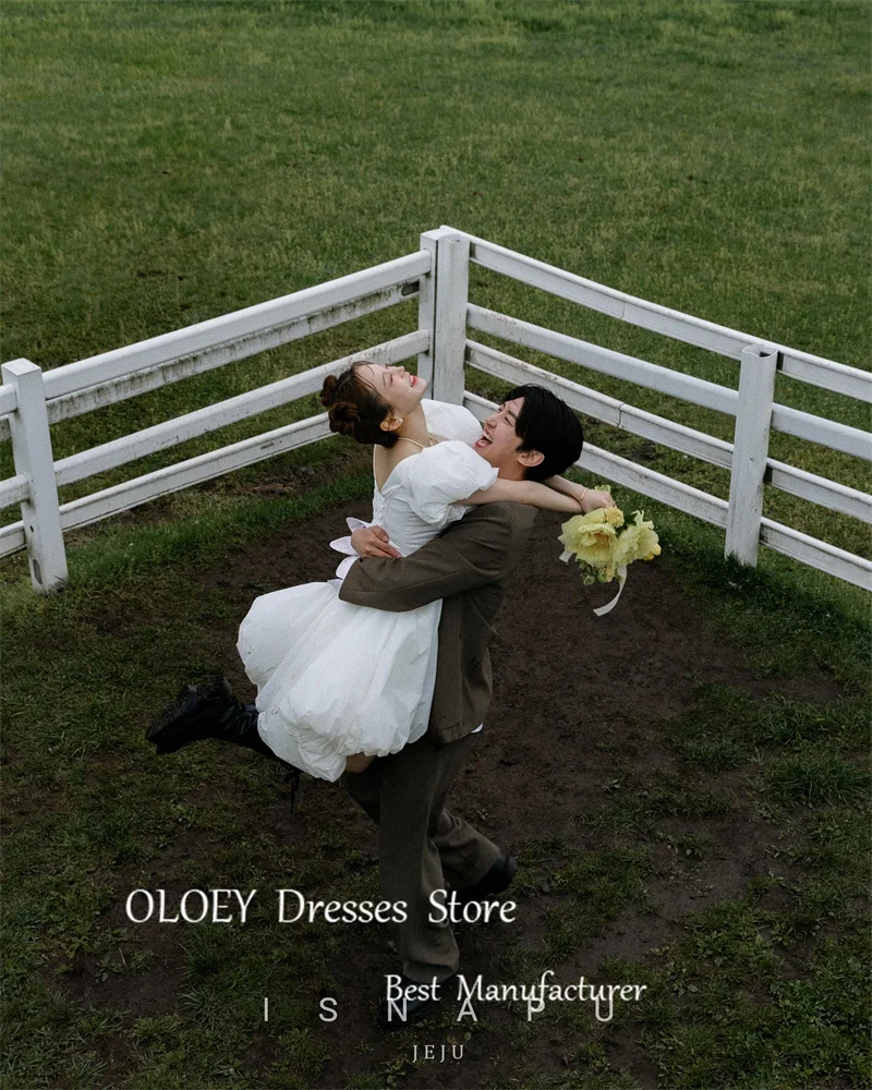 OLOEY Simple Mini Short taffetà abiti da sposa corea servizio fotografico collo quadrato maniche corte abiti da sposa Country festa formale