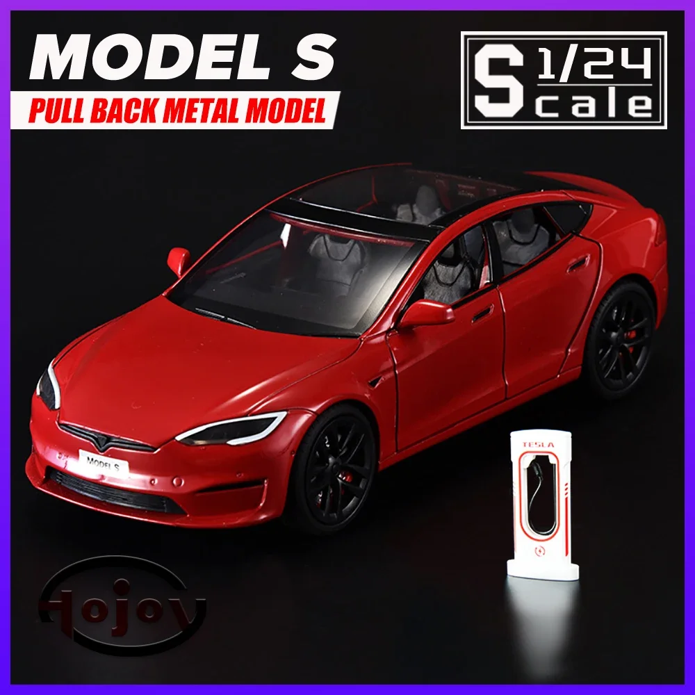 

Metal Cars Toys Scale 1/24 Tesla Model S with Charging Pile Diecast Alloy Car Model Gift for Boys Children Kids Toy Vehicles