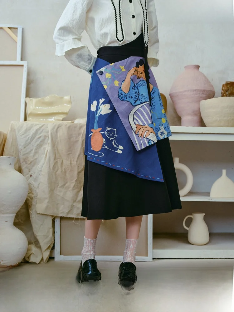 

Retro Print Patchwork ter Skirt Women's High Waist Polyester Fiber Travel Skirt Art Social Loose Fit Zipper Sle