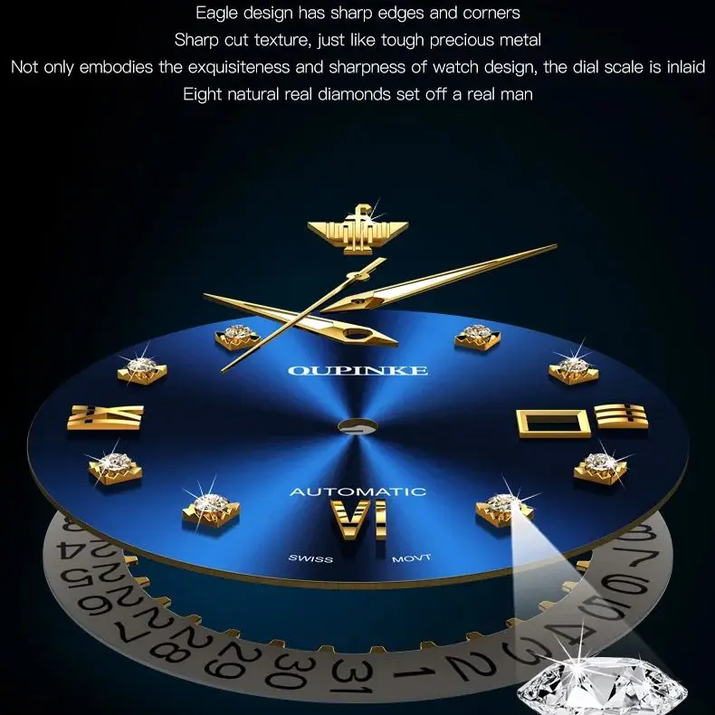 OUPINKE 3199 ساعة ماسية حقيقية للرجال الراقية حركة سويسرية ساعة ميكانيكية أوتوماتيكية للرجال ماركة فاخرة ساعة رجالية هدية Reloj