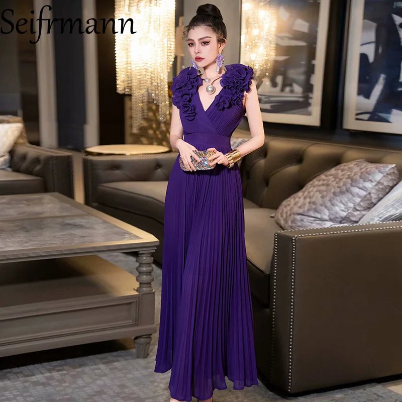 Seifrmann ソリッドノースリーブアップリケロングドレス V ネックハイウエストプリーツデザイン女性のパーティーイブニングドレス