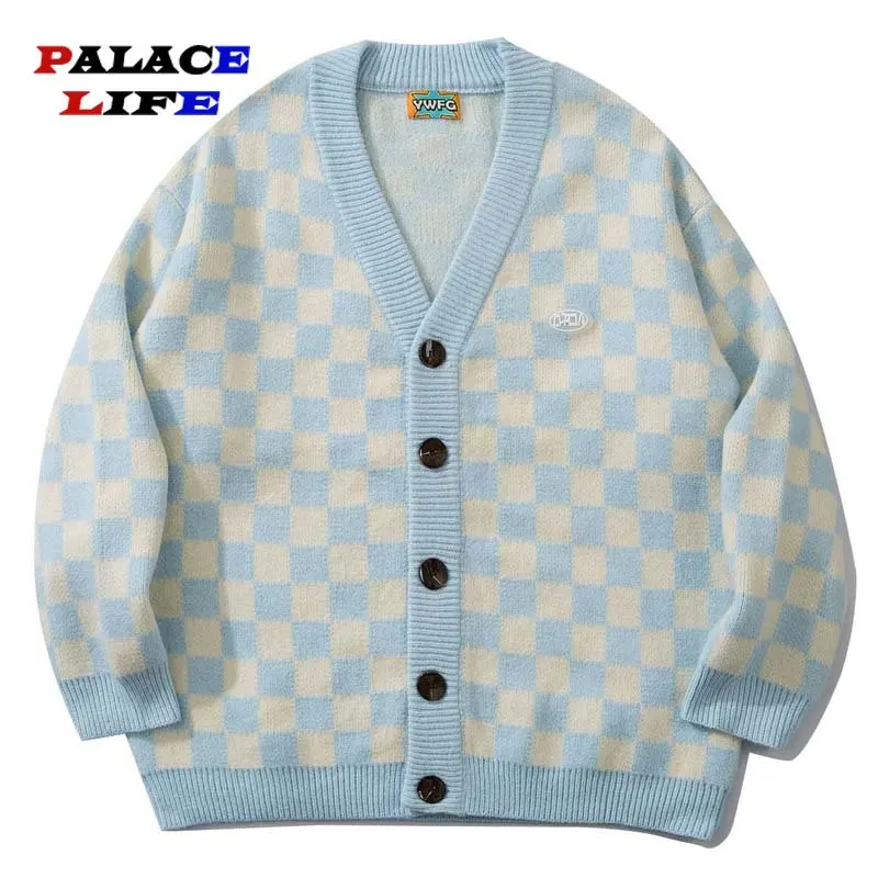 

Harajuku Vintage Cardigan Sweater Men Korean Style Oversize Plaid Knitted Pullover Checkerboard Jacket Fashion Female