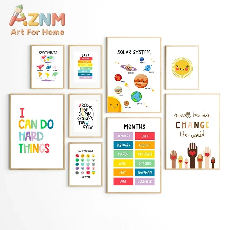 AZNM Educational Kids Canvas Poster Alphabet Solar System Months Days Continents Feelings Inspirational Quote Learning Art Print