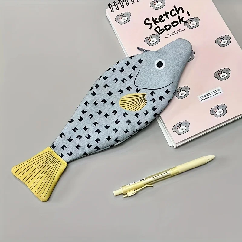 Fish Shape Novelty Pencil Case Fish Pen Bag Fish Coin Purse Funny Pencil Pouch with Simulated Fishbone Lining，Birthday Gift