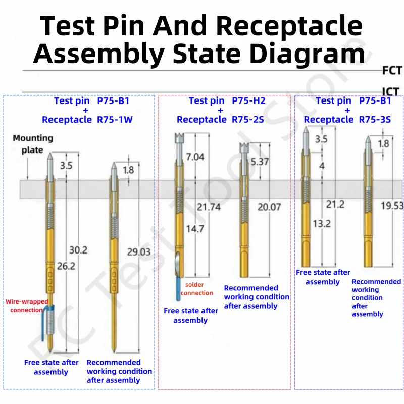 100PCS R75 Receptacle Test Pin P75-B1 Brass Tube Needle Sleeve Seat Probe Sleeve Length 17.5 26.5mm Dia 1.32mm R75-2W 3W R75-2S