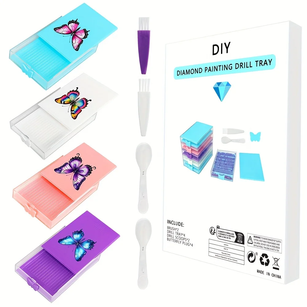 4pcs/Box Diamond Painting Tool Tray Kits Drill Box Butterfly Funnel Screen Drilling Disc Dividing  Pen Nail Art Beading Plates